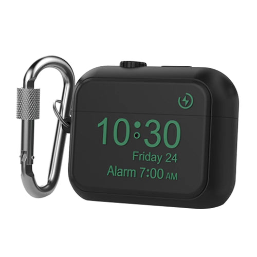 AHASTYLE PT104 For Apple AirPods Pro 2 Silicone Case Digital Clock Display Design Bluetooth-compatible Earphone Anti-drop Cover with Carabiner - Black - 1