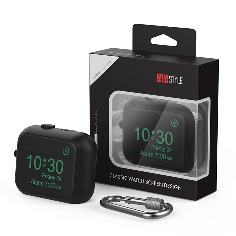 AHASTYLE PT104 For Apple AirPods Pro 2 Silicone Case Digital Clock Display Design Bluetooth-compatible Earphone Anti-drop Cover with Carabiner - Black - 7