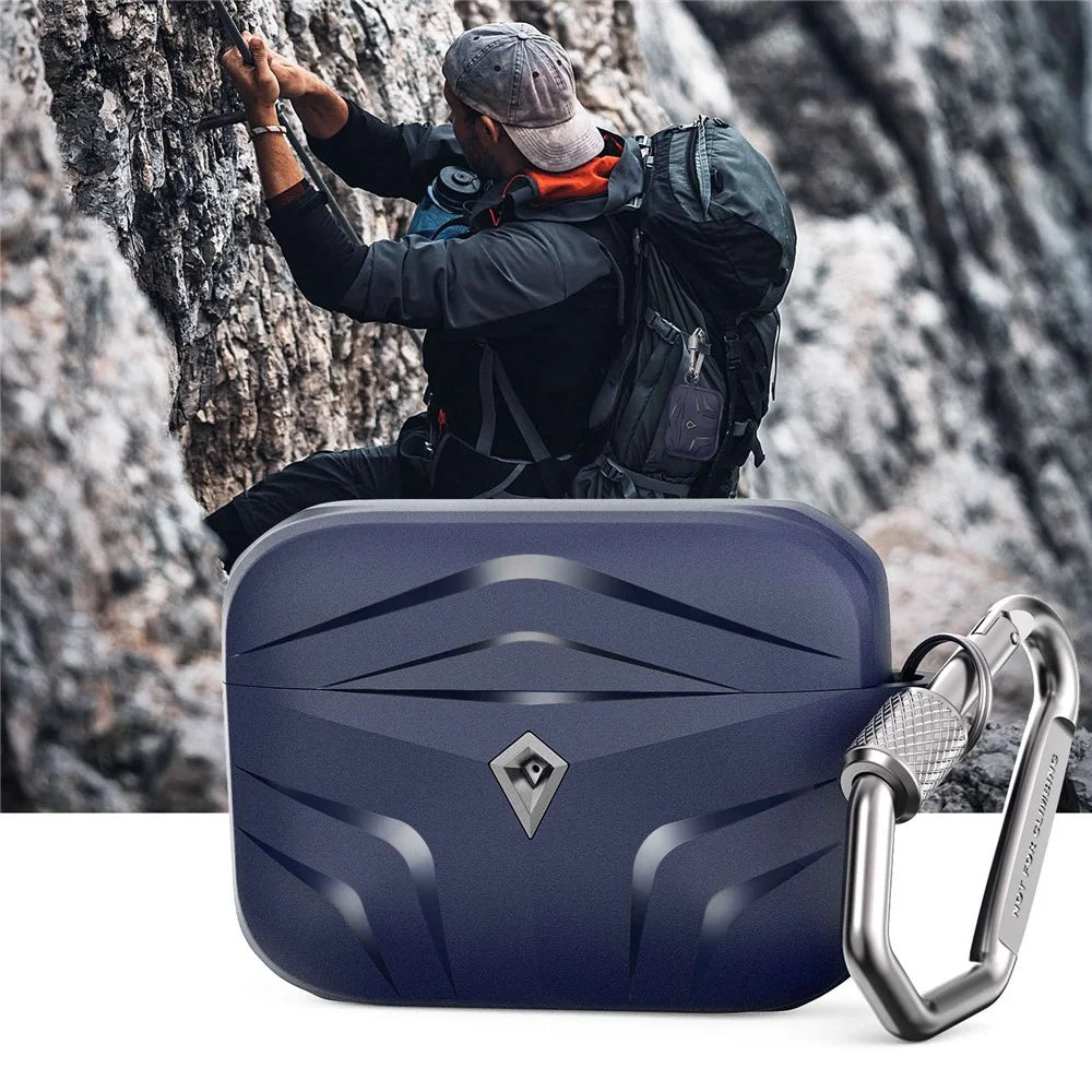 AHASTYLE PT140 For Apple AirPods Pro 2 / AirPods Pro Earphone TPU Case Rhombus Two-Piece Design Anti-fall Earbud Cover with Carabiner - Midnight Blue - 4