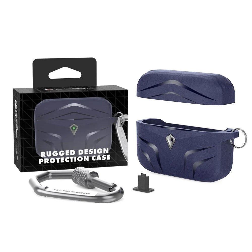 AHASTYLE PT140 For Apple AirPods Pro 2 / AirPods Pro Earphone TPU Case Rhombus Two-Piece Design Anti-fall Earbud Cover with Carabiner - Midnight Blue - 7