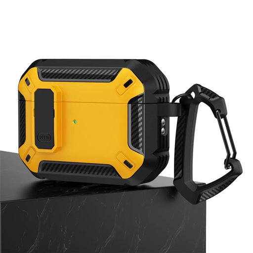 For Apple AirPods Pro 2 TPU + PC Earphone Protective Case Earbud Charging Box Drop-proof Cover with Carabiner - Black / Yellow - 2