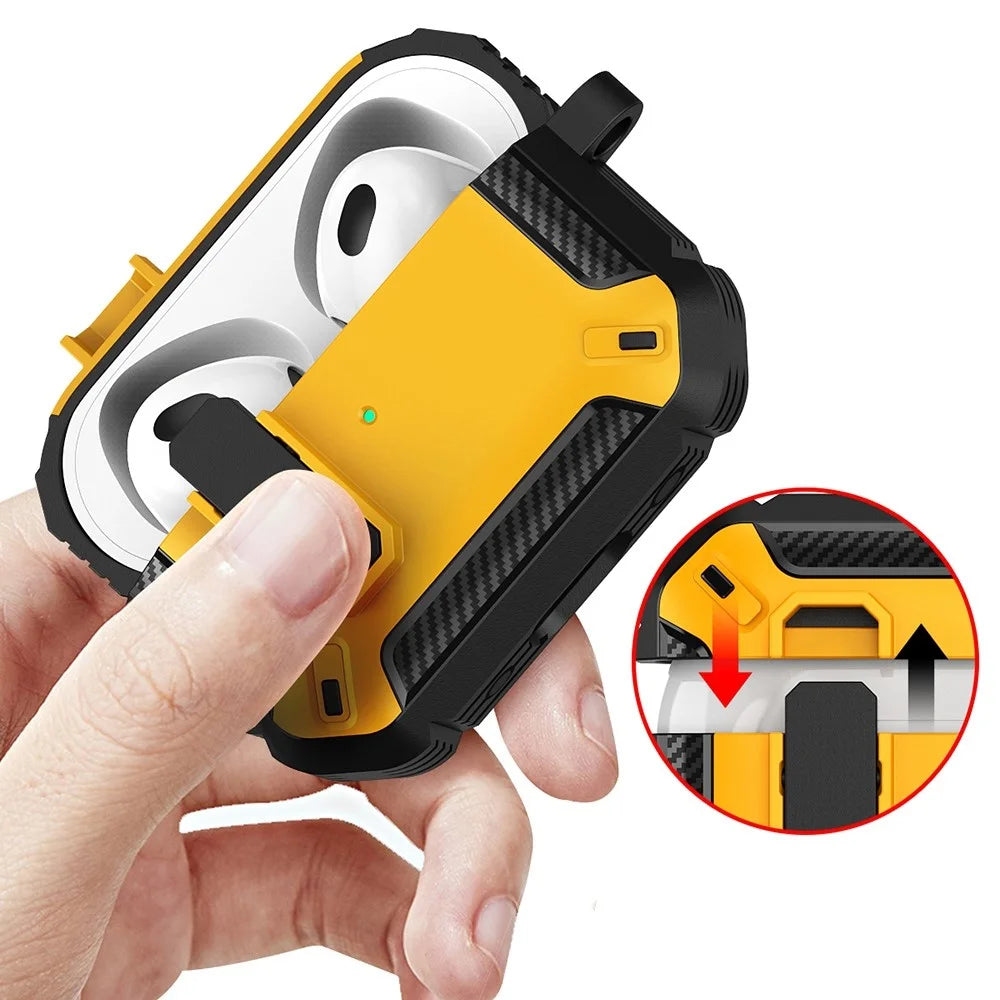 For Apple AirPods Pro 2 TPU + PC Earphone Protective Case Earbud Charging Box Drop-proof Cover with Carabiner - Black / Yellow - 3