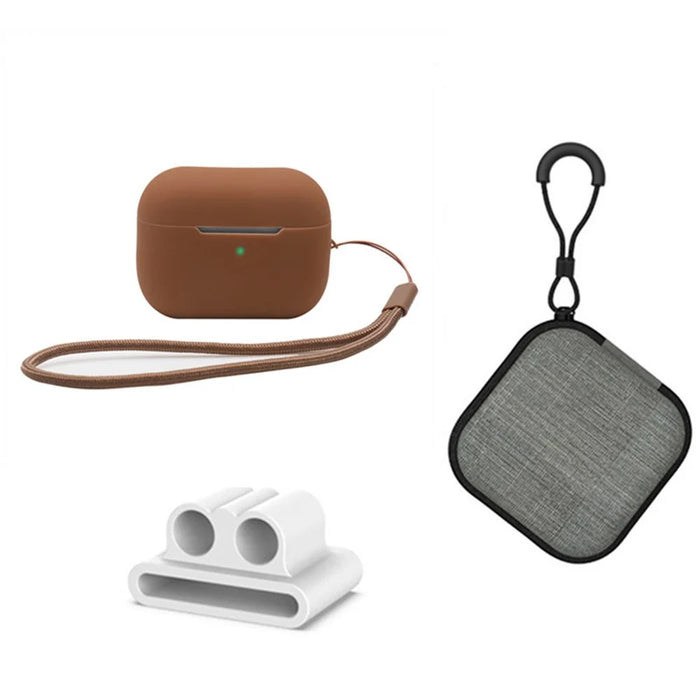 For Apple AirPods Pro 2 Silicone Case Bluetooth-compatible Earphone Anti-drop Cover + Hand Strap + Watch Band Earbud Holder + Storage Box - Brown - 1