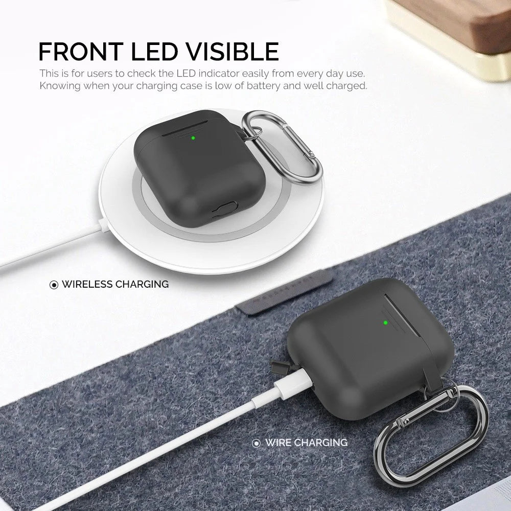 AHASTYLE PT06-3 for Apple AirPods with Charging Case (2016) / (2019) / AirPods with Wireless Charging Case (2019) Earbud Silicone Case Shockproof Earphone Cover with Carabiner - Black - 2