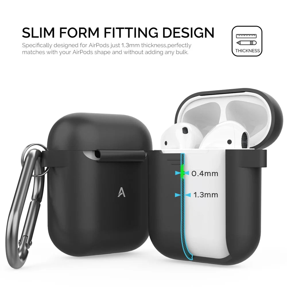 AHASTYLE PT06-3 for Apple AirPods with Charging Case (2016) / (2019) / AirPods with Wireless Charging Case (2019) Earbud Silicone Case Shockproof Earphone Cover with Carabiner - Black - 4