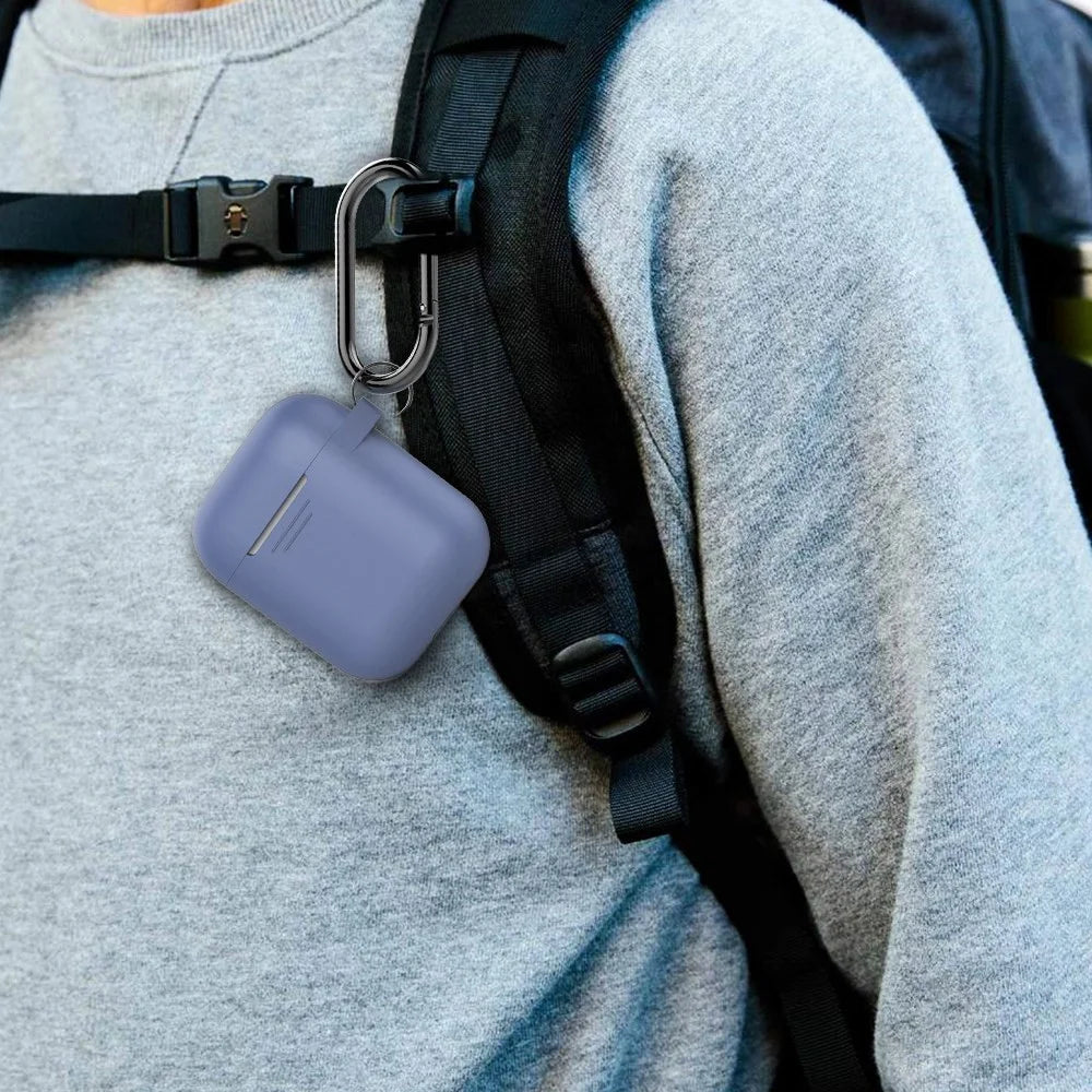 AHASTYLE PT06-F for Apple AirPods with Charging Case (2016) / (2019) / AirPods with Wireless Charging Case (2019) Silicone Case Two-Piece Design Anti-drop Earphone Cover with Carabiner - Purple Blue - 6
