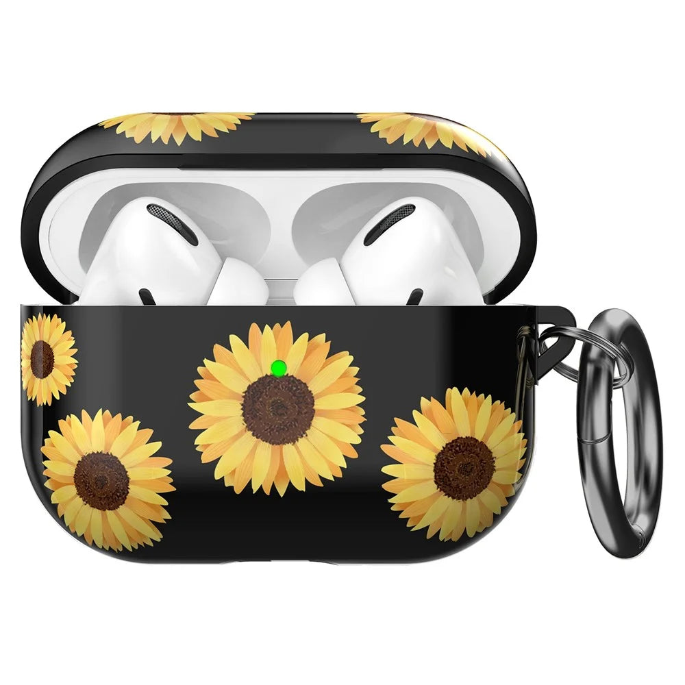 AHASTYLE PT-LC142 for Apple AirPods Pro Sunflower Pattern Earphone Case Bluetooth-compatible Earbud TPU Protective Cover with Carabiner - Black Sunflower - 1