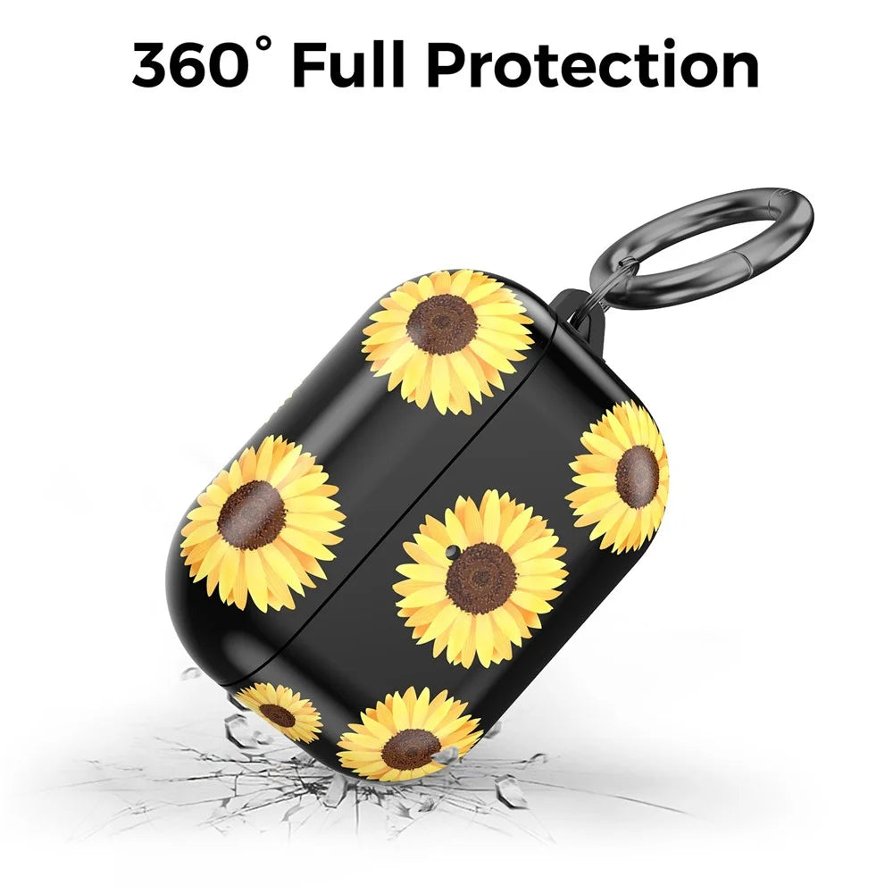 AHASTYLE PT-LC142 for Apple AirPods Pro Sunflower Pattern Earphone Case Bluetooth-compatible Earbud TPU Protective Cover with Carabiner - Black Sunflower - 2