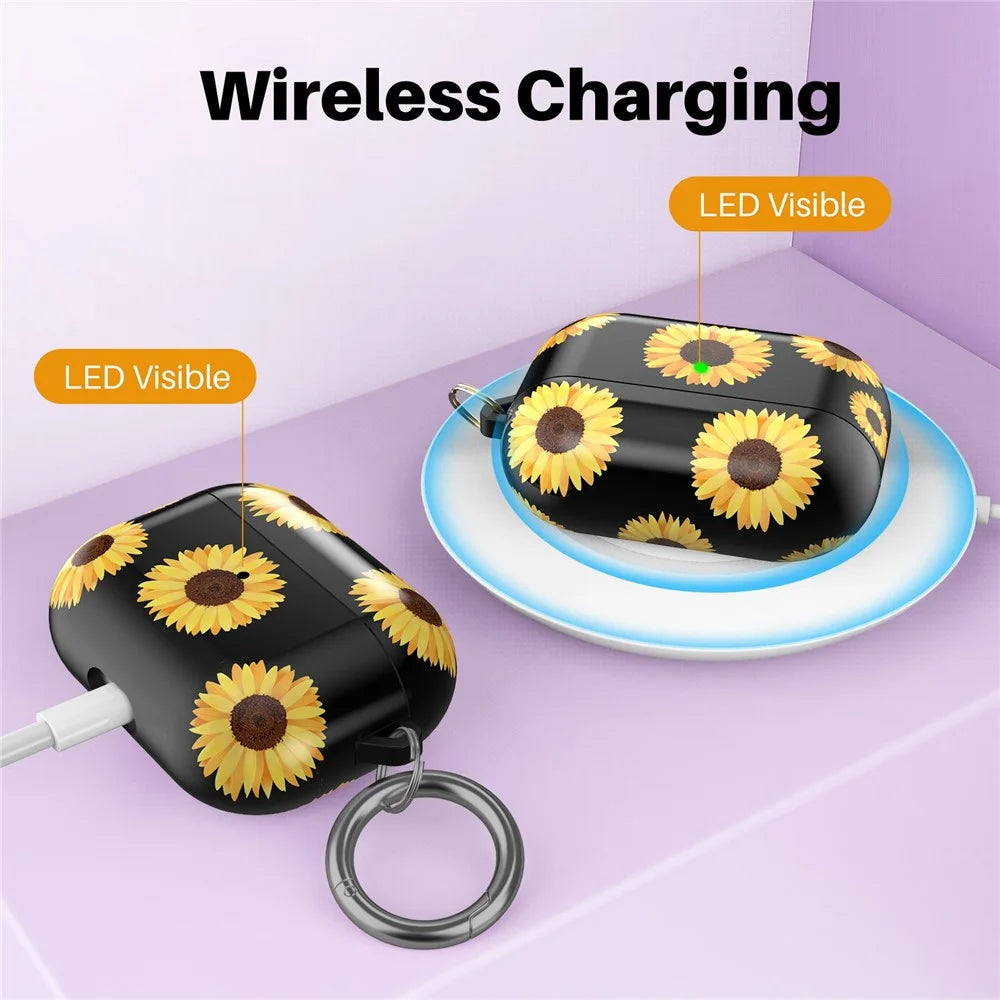 AHASTYLE PT-LC142 for Apple AirPods Pro Sunflower Pattern Earphone Case Bluetooth-compatible Earbud TPU Protective Cover with Carabiner - Black Sunflower - 3