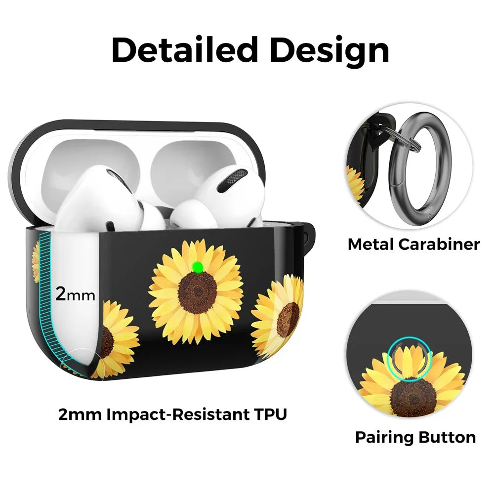 AHASTYLE PT-LC142 for Apple AirPods Pro Sunflower Pattern Earphone Case Bluetooth-compatible Earbud TPU Protective Cover with Carabiner - Black Sunflower - 4