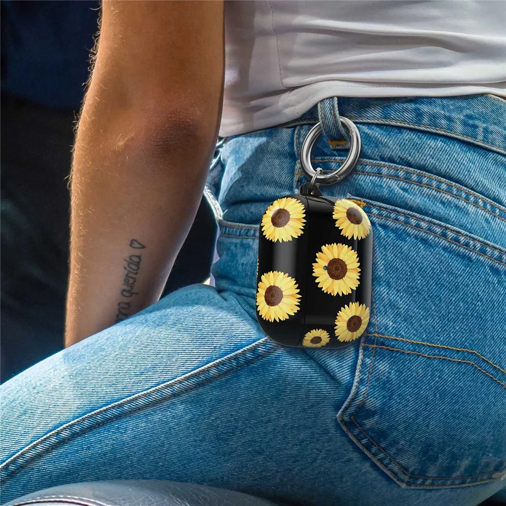 AHASTYLE PT-LC142 for Apple AirPods Pro Sunflower Pattern Earphone Case Bluetooth-compatible Earbud TPU Protective Cover with Carabiner - Black Sunflower - 5