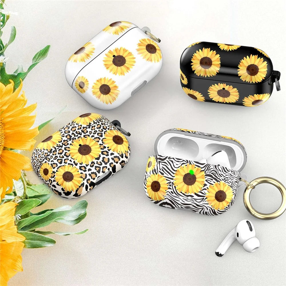 AHASTYLE PT-LC142 for Apple AirPods Pro Sunflower Pattern Earphone Case Bluetooth-compatible Earbud TPU Protective Cover with Carabiner - Black Sunflower - 6