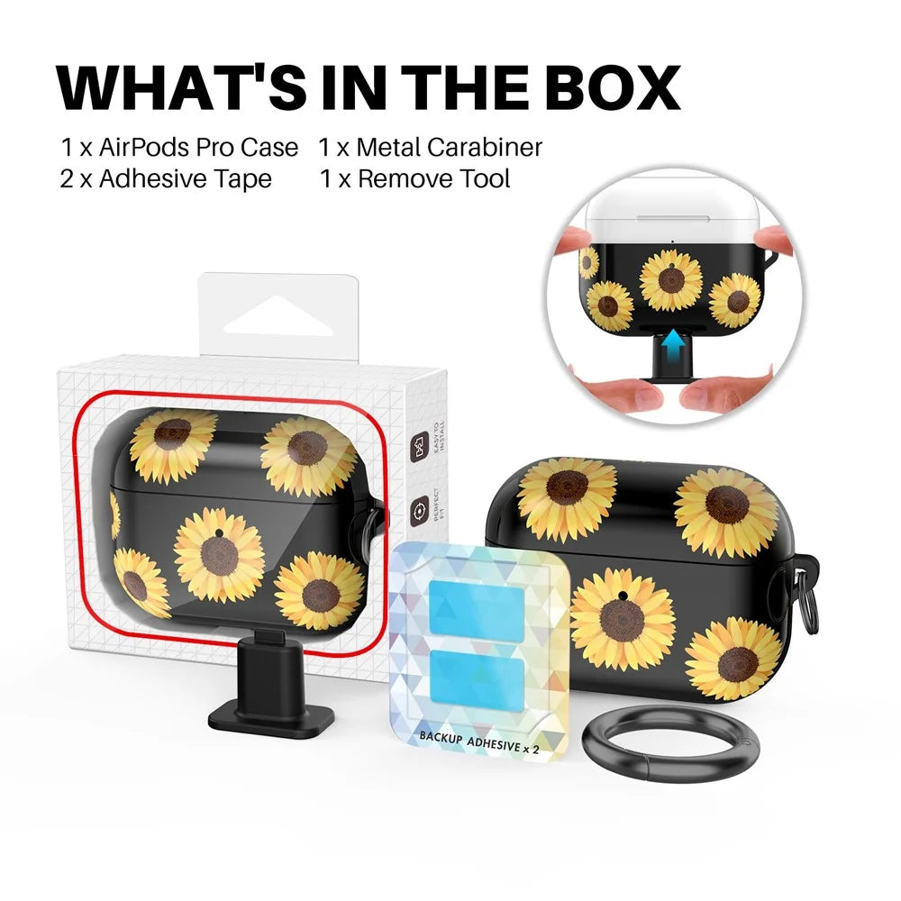 AHASTYLE PT-LC142 for Apple AirPods Pro Sunflower Pattern Earphone Case Bluetooth-compatible Earbud TPU Protective Cover with Carabiner - Black Sunflower - 7