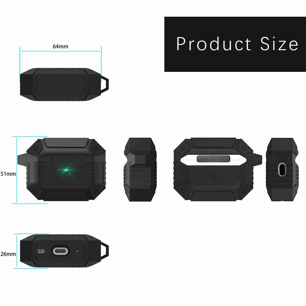 For AirPods Pro 2 TPU Shockproof Reinforced Earbud Case Heavy Duty Military Protective Cover with Carabiner - Black - 7