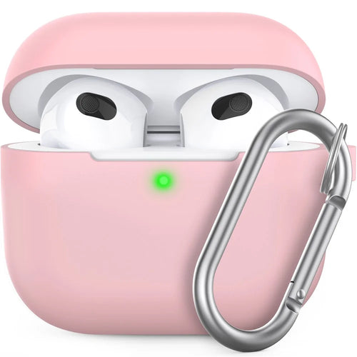 AhaStyle PT148 for Apple AirPods 3 Soft Silicone Earphone Case Shock-Absorbing Protective Skin Cover with Anti-Lost Carabiner - Pink - 1