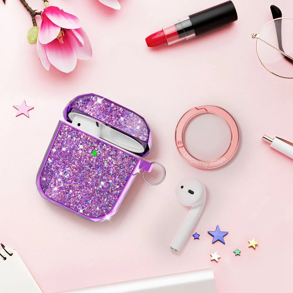 AHASTYLE PT119-A for Apple AirPods with Charging Case (2016)  /  (2019)  /  AirPods with Wireless Charging Case (2019) Hard PC Earphone Case Sparkling Glitter Earbud Cover with Carabiner - Purple - 2