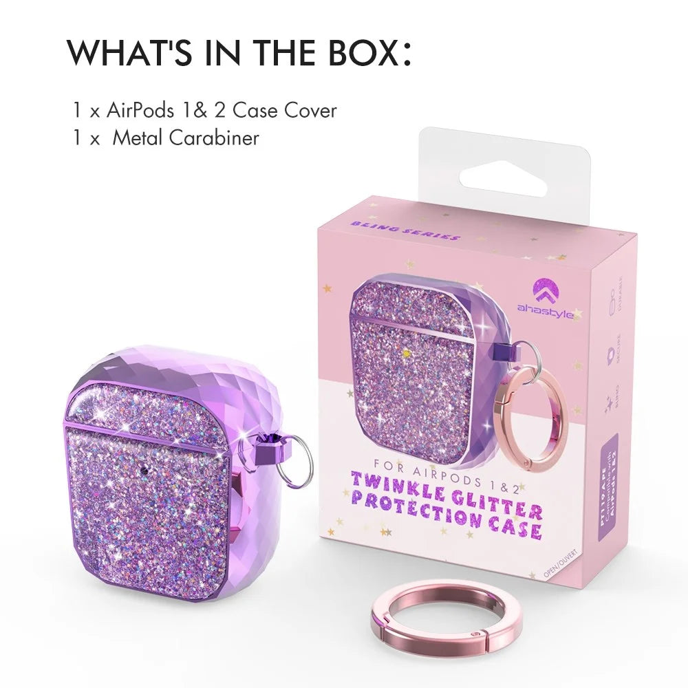 AHASTYLE PT119-A for Apple AirPods with Charging Case (2016)  /  (2019)  /  AirPods with Wireless Charging Case (2019) Hard PC Earphone Case Sparkling Glitter Earbud Cover with Carabiner - Purple - 7