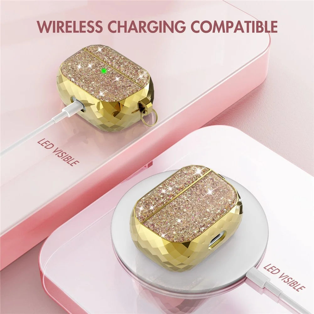 AHASTYLE PT119-PRO for Apple AirPods Pro Earphone Case Two-Piece Design Shiny Glitter Earbud Anti-drop Cover with Carabiner - Gold - 3