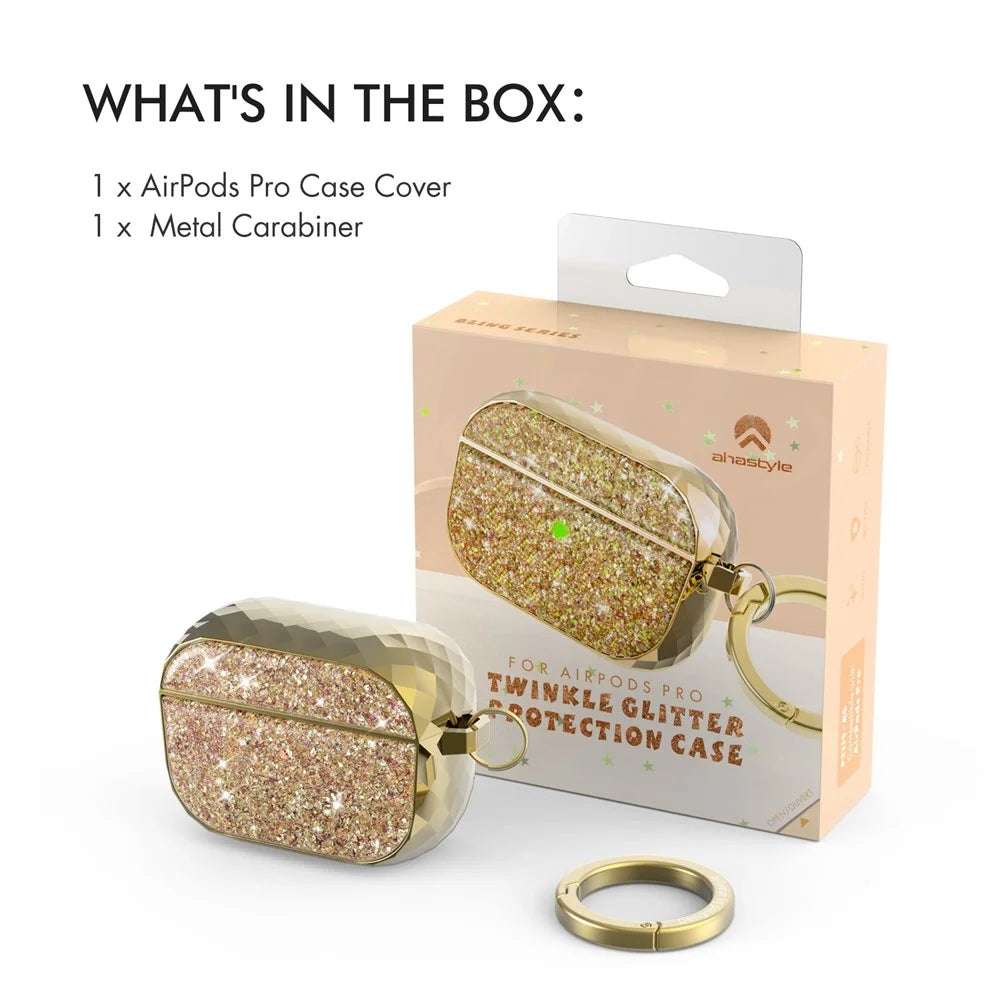 AHASTYLE PT119-PRO for Apple AirPods Pro Earphone Case Two-Piece Design Shiny Glitter Earbud Anti-drop Cover with Carabiner - Gold - 7