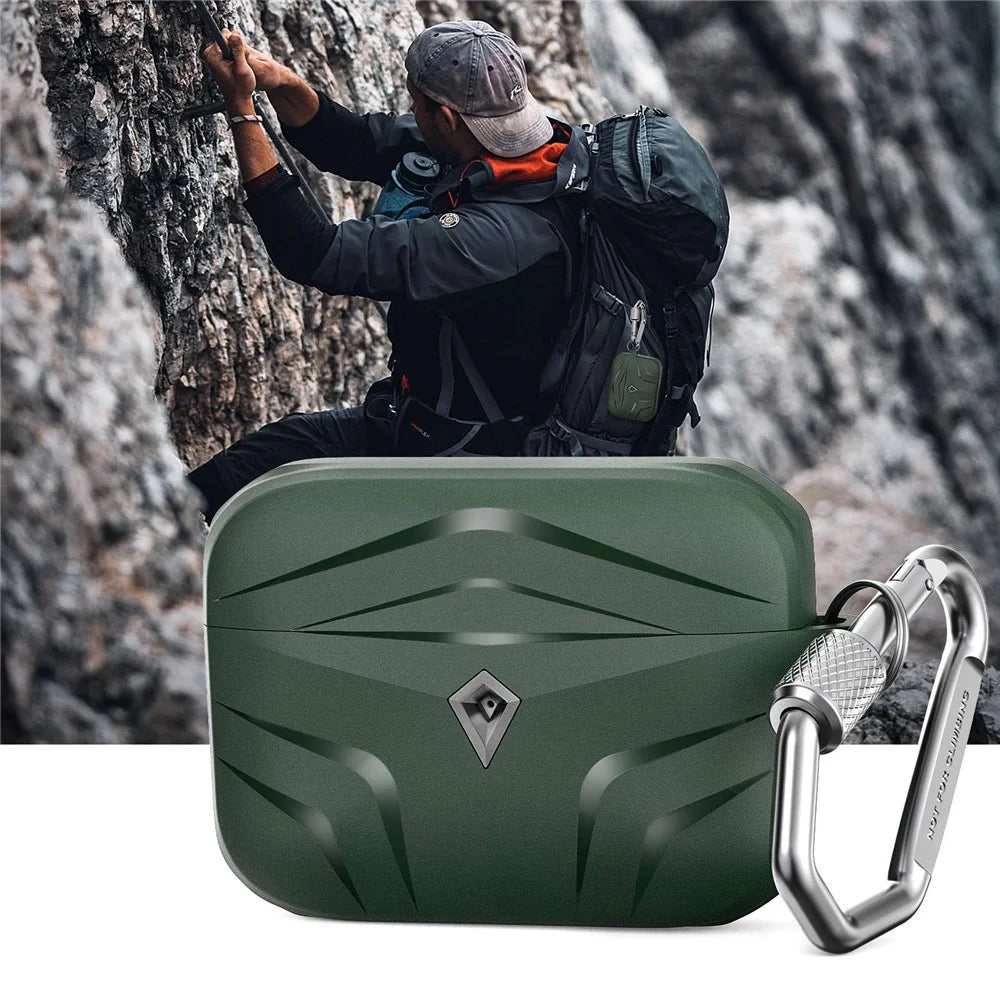 AHASTYLE PT140 For Apple AirPods Pro Wireless Earbuds Protective Case Two-Piece Design Rhombus TPU Earphones Skin Cover with Carabiner - Midnight Green - 4