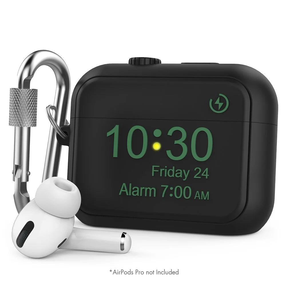 AHASTYLE PT104 for Apple AirPods Pro Earphone Silicone Case Digital Clock Display Design Earbud Charging Box Cover with Carabiner - Black - 2