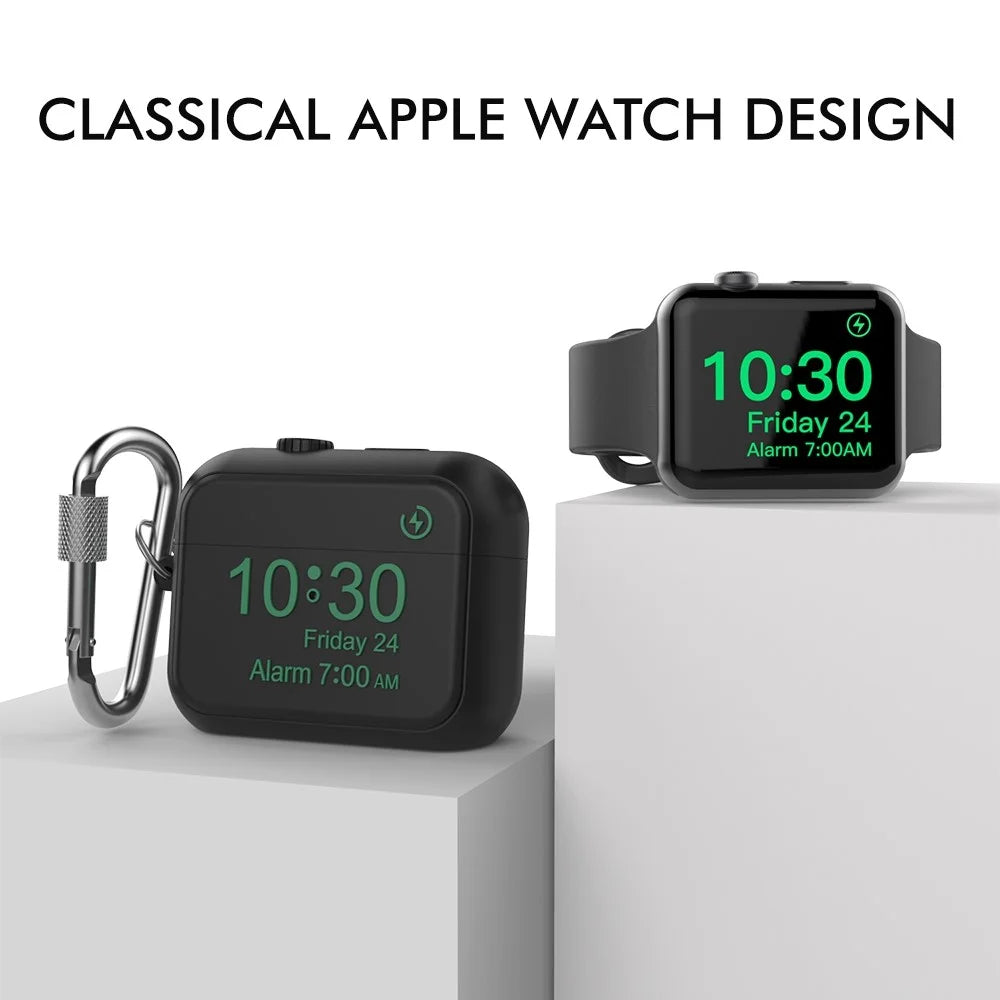 AHASTYLE PT104 for Apple AirPods Pro Earphone Silicone Case Digital Clock Display Design Earbud Charging Box Cover with Carabiner - Black - 3