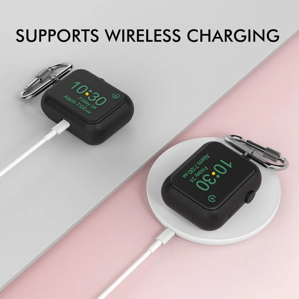 AHASTYLE PT104 for Apple AirPods Pro Earphone Silicone Case Digital Clock Display Design Earbud Charging Box Cover with Carabiner - Black - 4