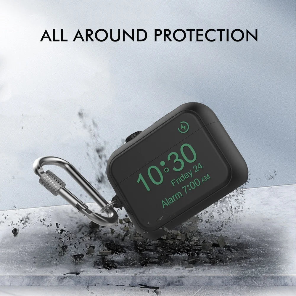 AHASTYLE PT104 for Apple AirPods Pro Earphone Silicone Case Digital Clock Display Design Earbud Charging Box Cover with Carabiner - Black - 5