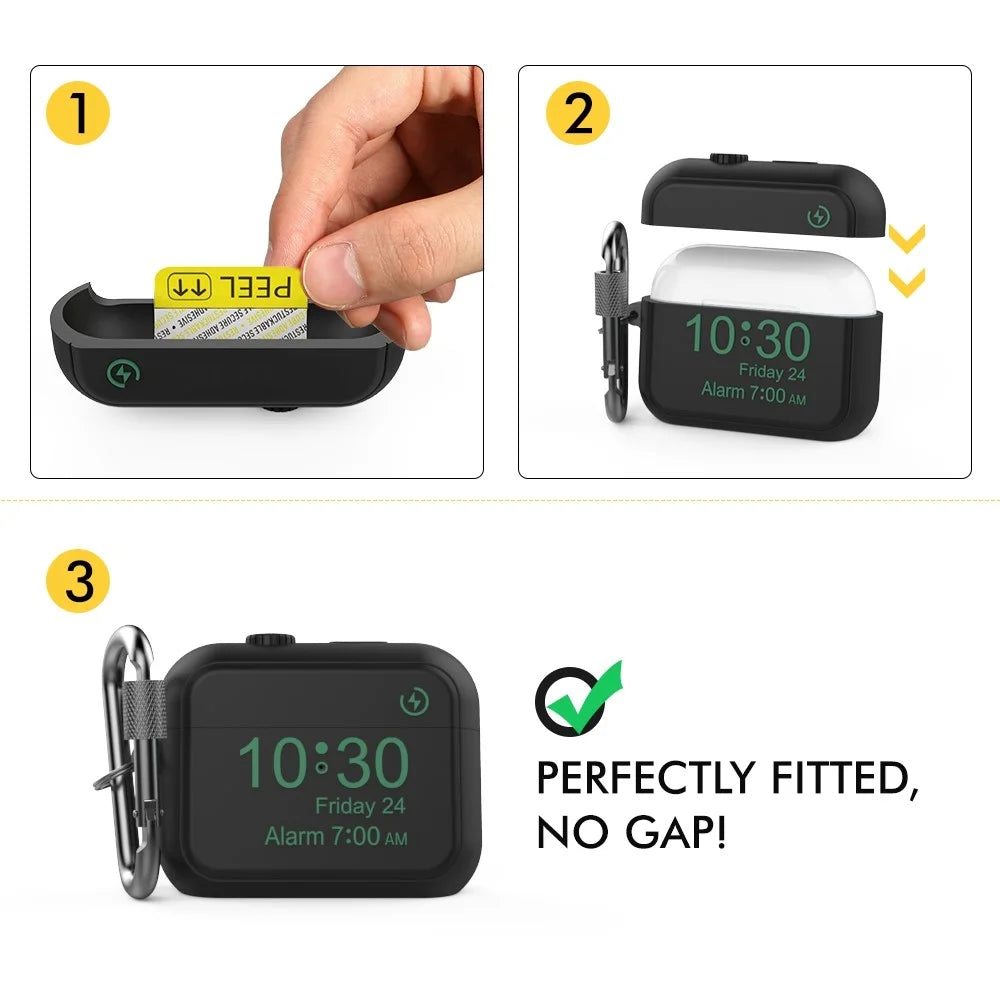 AHASTYLE PT104 for Apple AirPods Pro Earphone Silicone Case Digital Clock Display Design Earbud Charging Box Cover with Carabiner - Black - 6