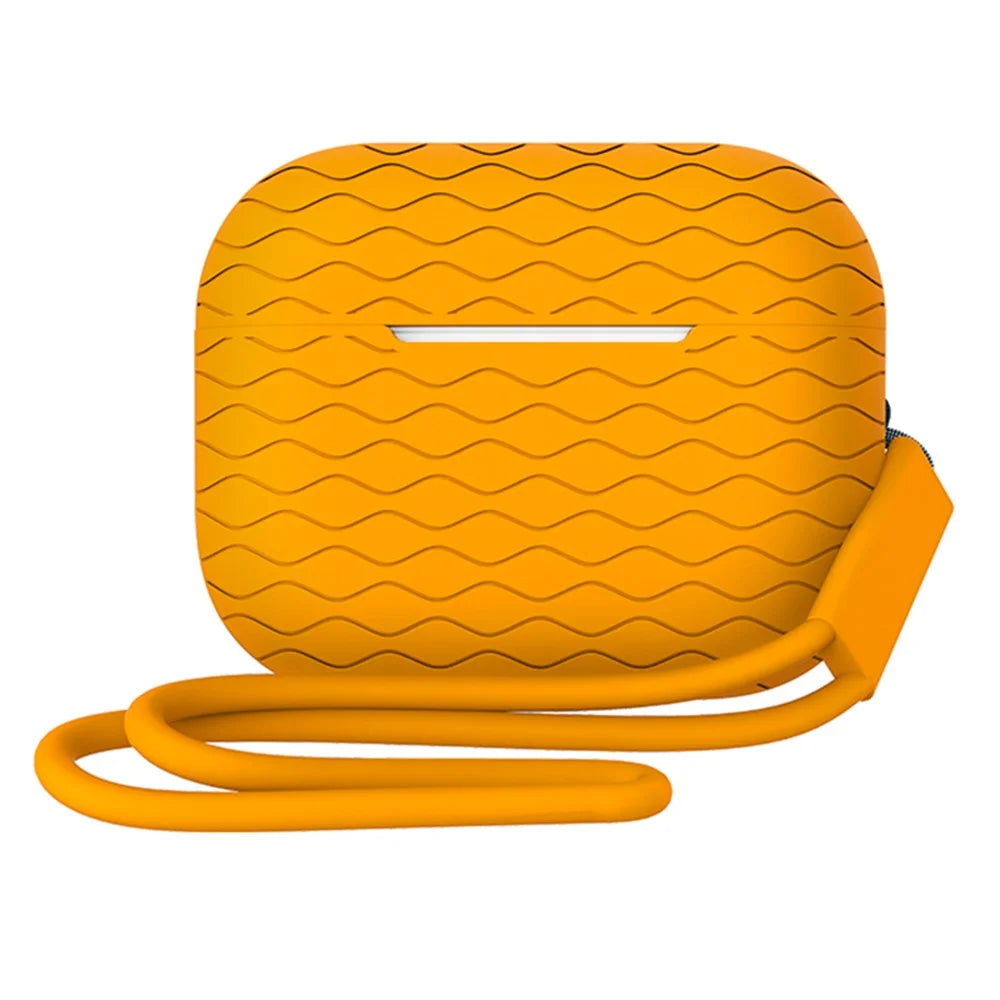 For AirPods Pro 2 Wavy Texture Earphone Case Soft Silicone Anti-Scratch Protective Cover Skin Shell with Strap - Orange - 1