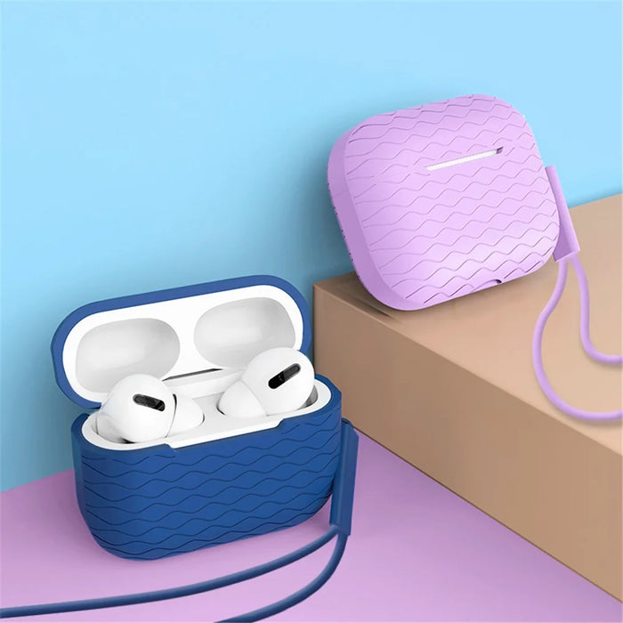 For AirPods Pro 2 Wavy Texture Earphone Case Soft Silicone Anti-Scratch Protective Cover Skin Shell with Strap - Orange - 6
