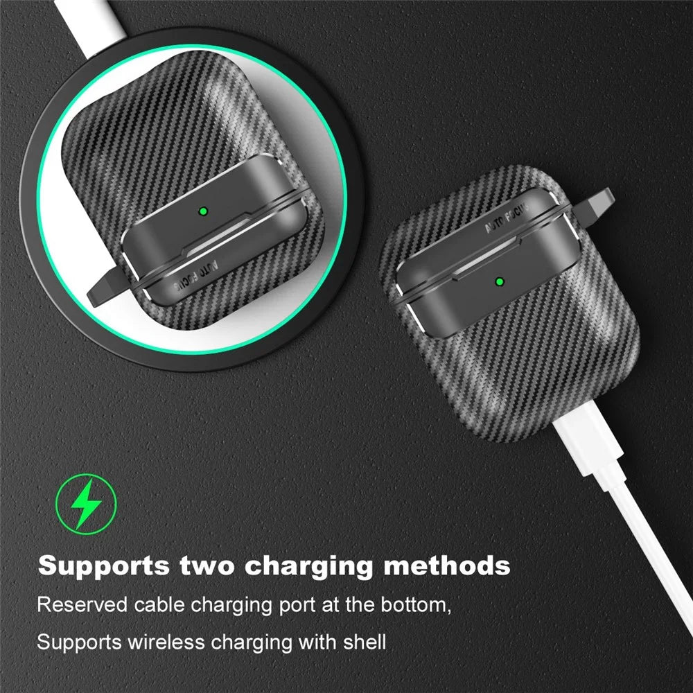 For AirPods with Charging Case (2016)  /  (2019)  /  AirPods with Wireless Charging Case (2019) Carbon Fiber TPU Anti-scratch Case Wireless Earphone Full Protection Cover - Black - 7
