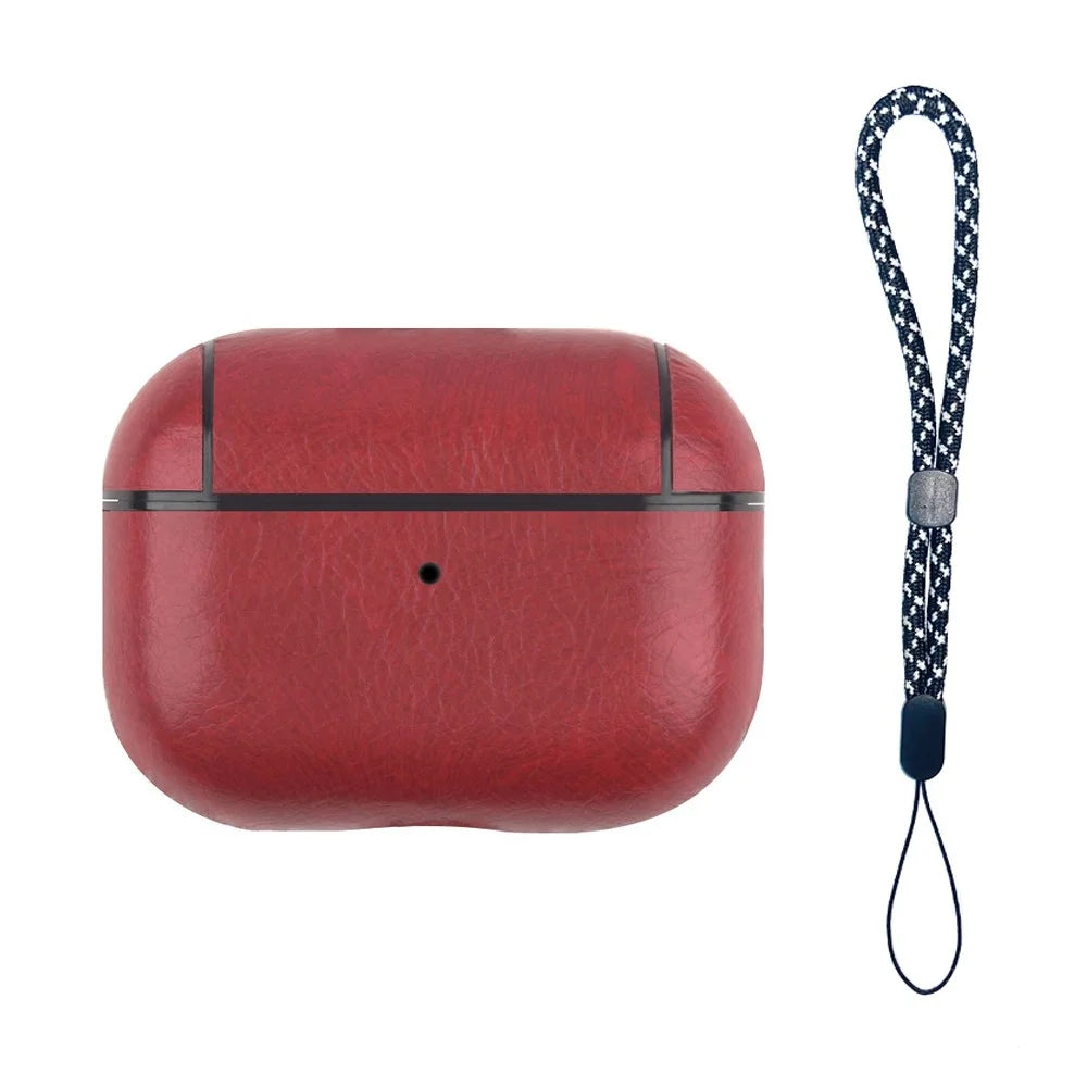 For AirPods Pro (Gen 2) (USB-C) / Pro 2 PU Leather Coated PC Drop-proof Case Bluetooth-compatible Earphone Anti-dust Protective Cover with Lanyard - Red - 1