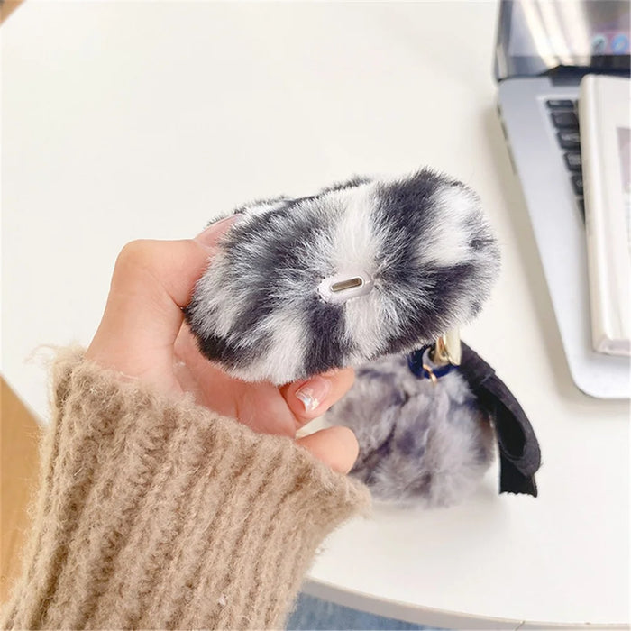 Bluetooth-compatible Earbuds Case for Apple AirPods Pro, Leopard Pattern Soft Fake Fur Coated TPU Protective Cover with Bowknot Pompom - Black  /  White - 4