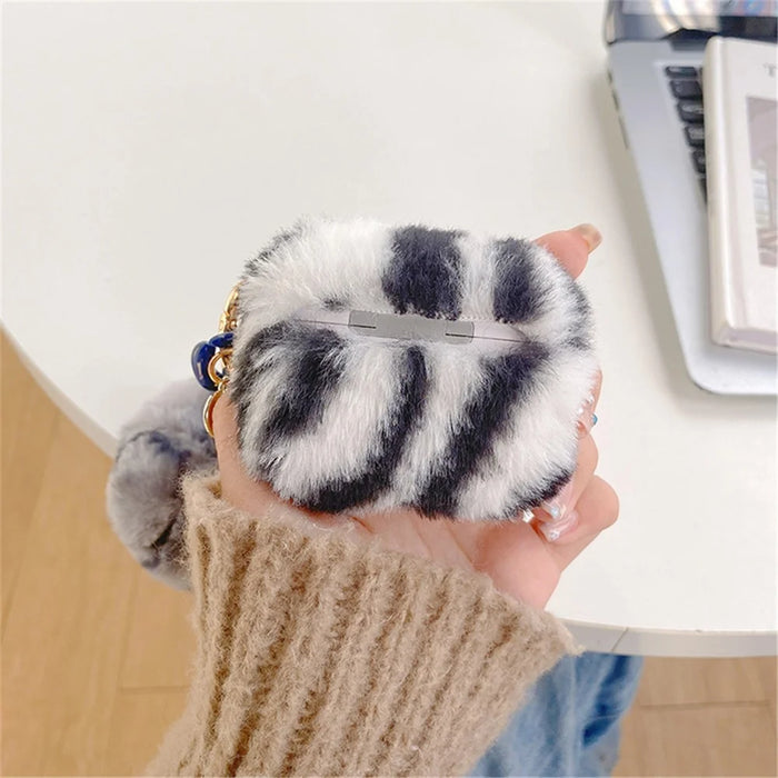Bluetooth-compatible Earbuds Case for Apple AirPods Pro, Leopard Pattern Soft Fake Fur Coated TPU Protective Cover with Bowknot Pompom - Black  /  White - 5