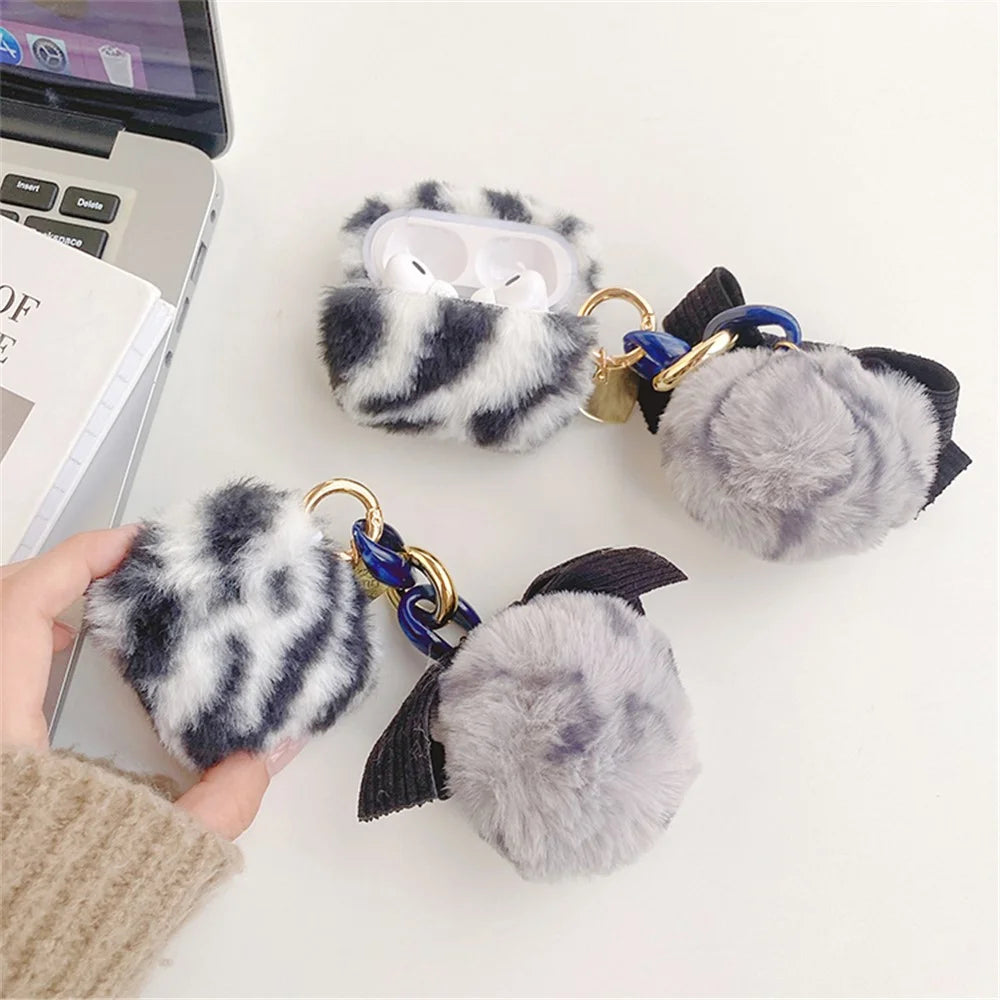 Bluetooth-compatible Earbuds Case for Apple AirPods Pro, Leopard Pattern Soft Fake Fur Coated TPU Protective Cover with Bowknot Pompom - Black  /  White - 7
