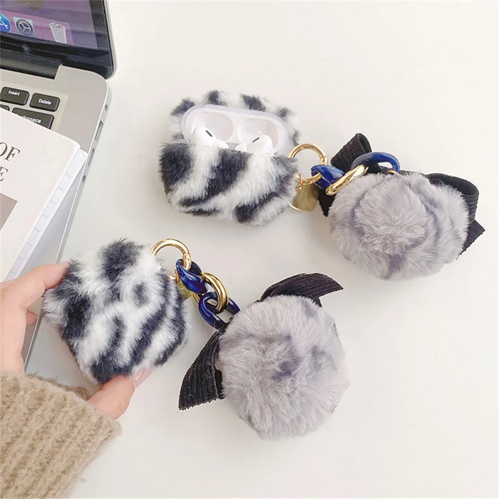 Bluetooth-compatible Earbuds Case for Apple AirPods Pro, Leopard Pattern Soft Fake Fur Coated TPU Protective Cover with Bowknot Pompom - Black  /  White - 7