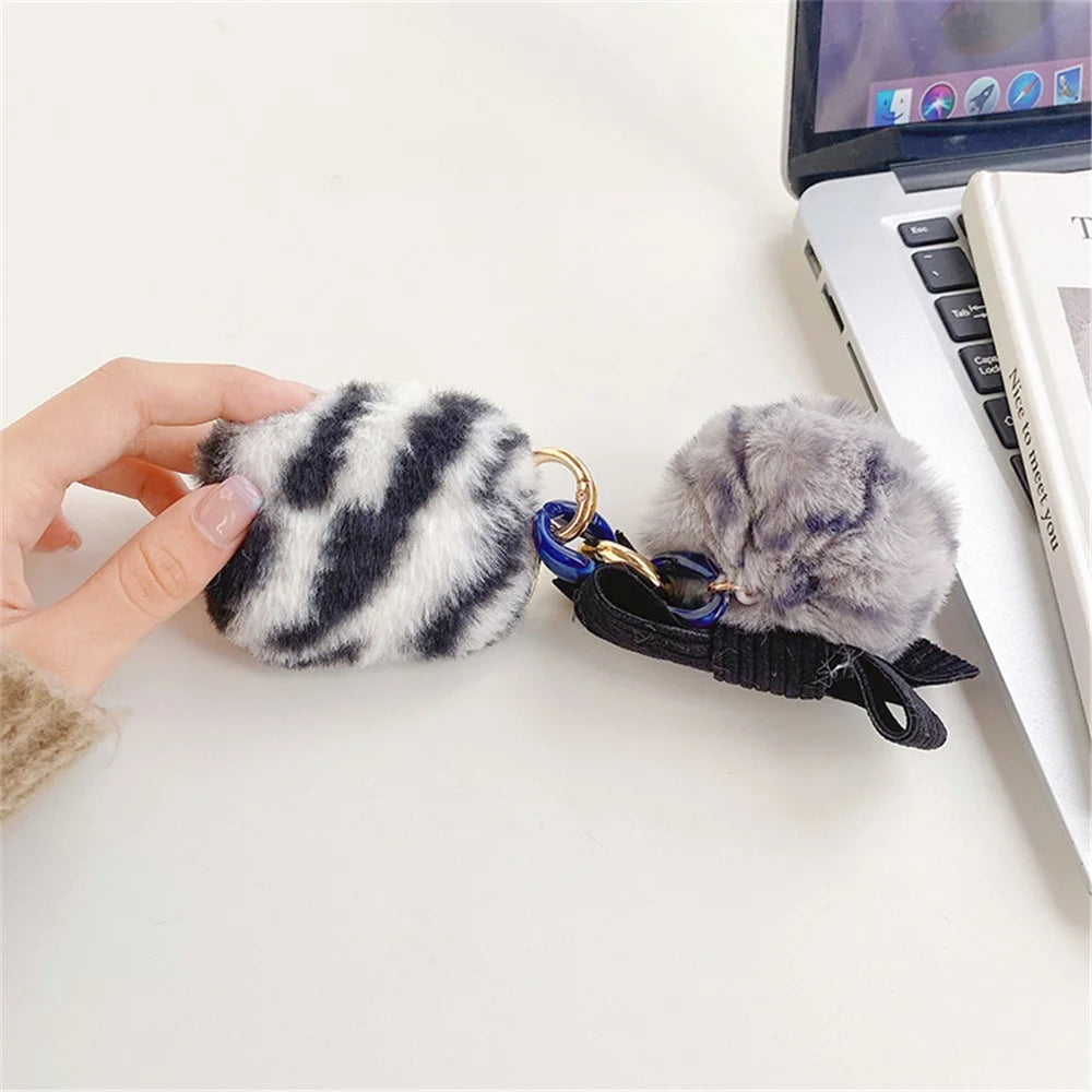 For Apple AirPods 3 Bluetooth-compatible Earbuds Case Leopard Pattern Soft Fake Fur Coated TPU Protective Cover with Bowknot Pompom - Black  /  White - 3