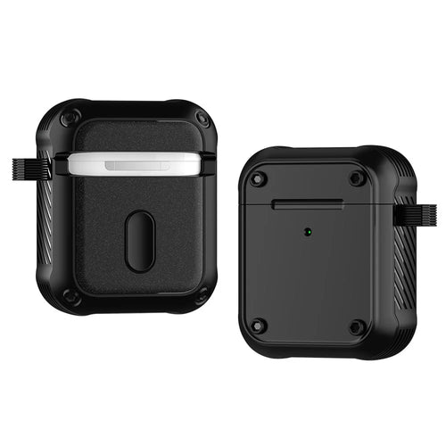 For Apple AirPods with Charging Case (2016) / (2019) / AirPods with Wireless Charging Case (2019) Dual-color PC+TPU Earphone Case Anti-drop Cover with Carabiner - Black - 1