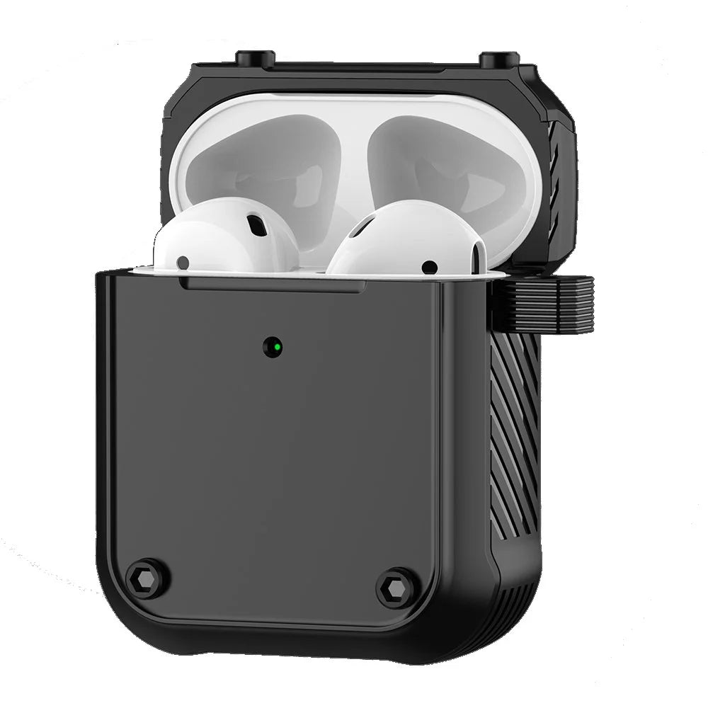 For Apple AirPods with Charging Case (2016) / (2019) / AirPods with Wireless Charging Case (2019) Dual-color PC+TPU Earphone Case Anti-drop Cover with Carabiner - Black - 2