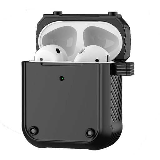For Apple AirPods with Charging Case (2016) / (2019) / AirPods with Wireless Charging Case (2019) Dual-color PC+TPU Earphone Case Anti-drop Cover with Carabiner - Black - 2