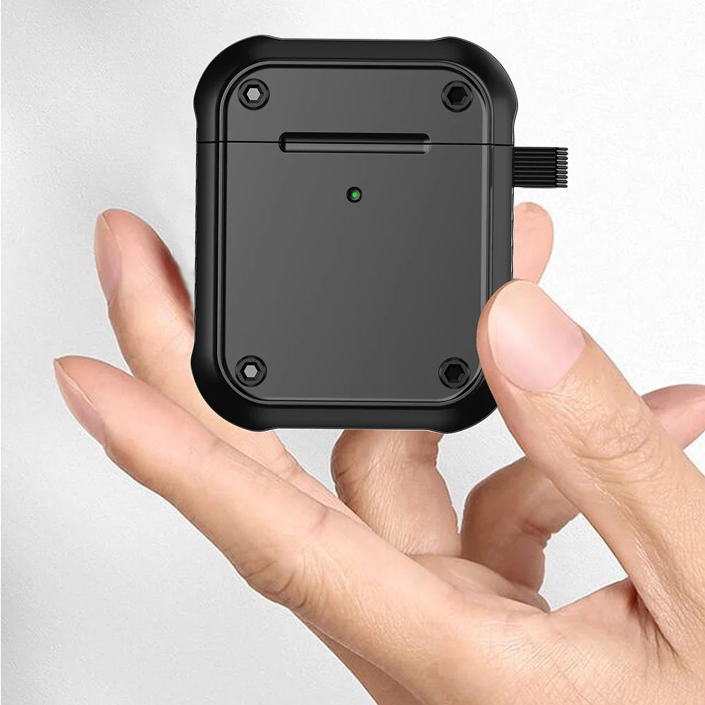 For Apple AirPods with Charging Case (2016) / (2019) / AirPods with Wireless Charging Case (2019) Dual-color PC+TPU Earphone Case Anti-drop Cover with Carabiner - Black - 5