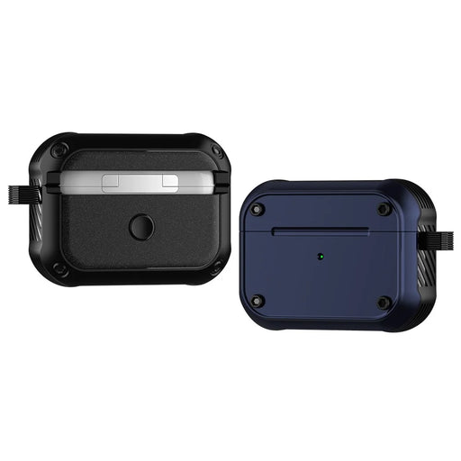 For Apple AirPods Pro Dual-color PC+TPU Earphone Shockproof Case Earbud Charging Box Anti-drop Cover with Carabiner - Blue - 1