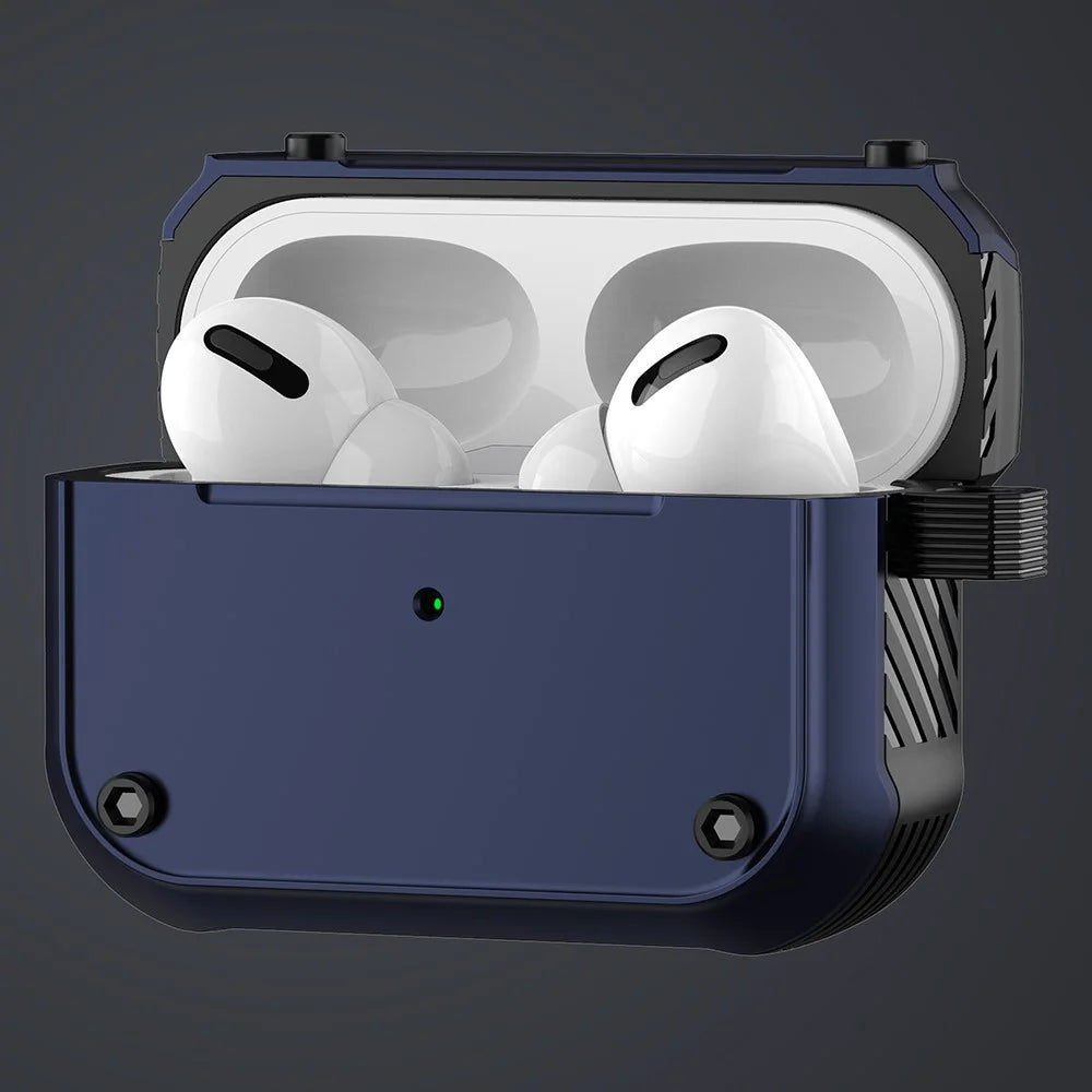 For Apple AirPods Pro Dual-color PC+TPU Earphone Shockproof Case Earbud Charging Box Anti-drop Cover with Carabiner - Blue - 2