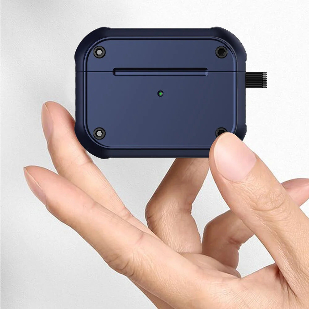 For Apple AirPods Pro Dual-color PC+TPU Earphone Shockproof Case Earbud Charging Box Anti-drop Cover with Carabiner - Blue - 4