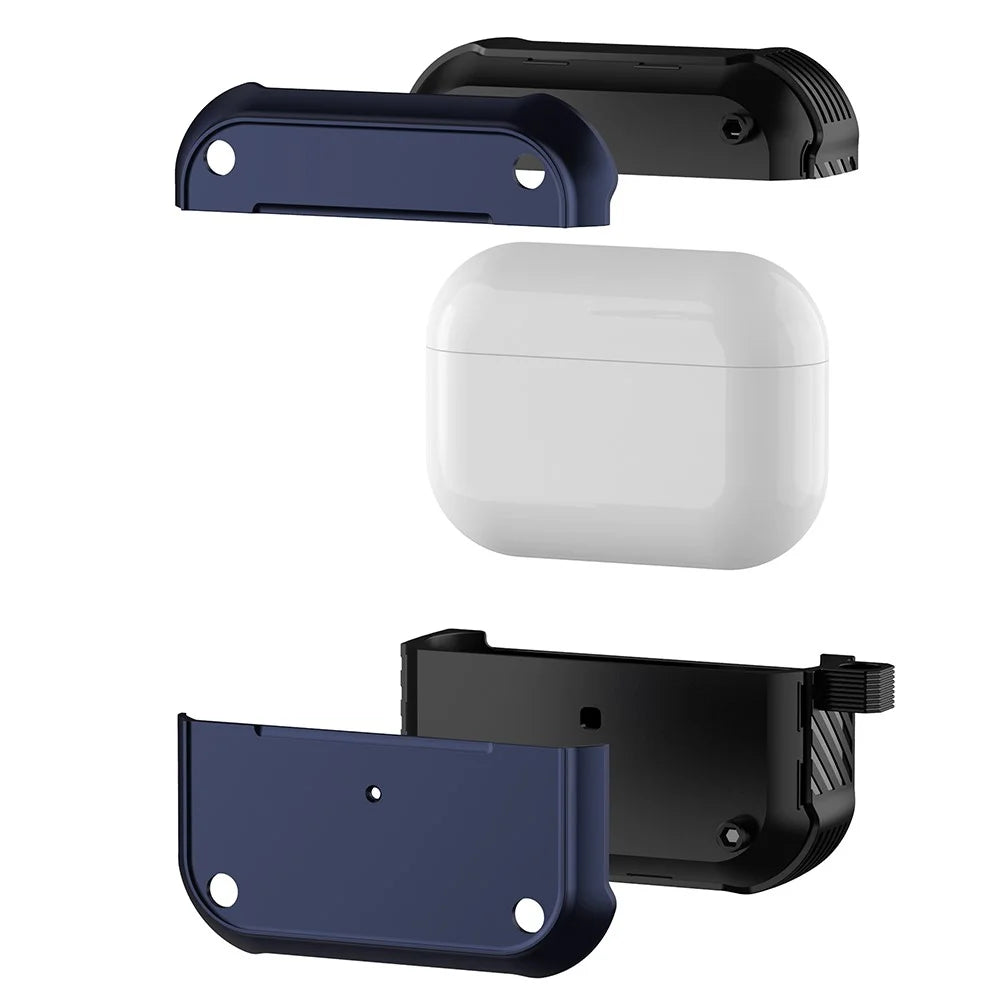 For Apple AirPods Pro Dual-color PC+TPU Earphone Shockproof Case Earbud Charging Box Anti-drop Cover with Carabiner - Blue - 6