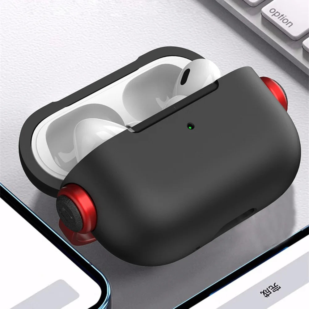 For Apple AirPods Pro 2 Anti-drop Earphone Case Headset Style Dual-color PC+TPU Earbud Cover with Ring Strap - Black / Red - 4