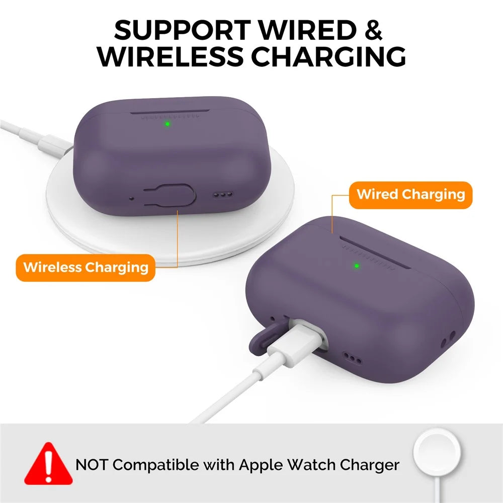AHASTYLE PT187-G Shockproof Silicone Case for Apple AirPods Pro 2 Earphone Charging Cover with iP (5-14) Dustproof Plug and Carrying Loop Strap - Dark Purple - 3