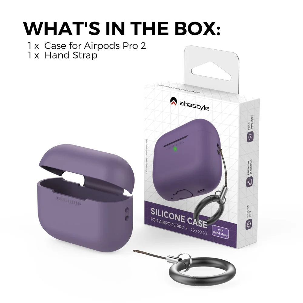 AHASTYLE PT187-G Shockproof Silicone Case for Apple AirPods Pro 2 Earphone Charging Cover with iP (5-14) Dustproof Plug and Carrying Loop Strap - Dark Purple - 7