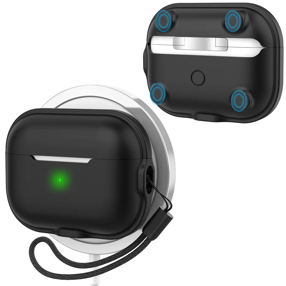 AHASTYLE WE15 Silicone Cover for AirPods Pro 2 Case Magnetic Wireless Charging Headset Protective Case with Strap - Black - 1